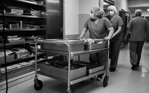 Schwarzweiß-Reportagefoto zeigt Klinikpersonal mit Instrumentenwagen, passend zu Stryker Corp. US8636671013 im Medizintechnik-Sektor - Foto: THN