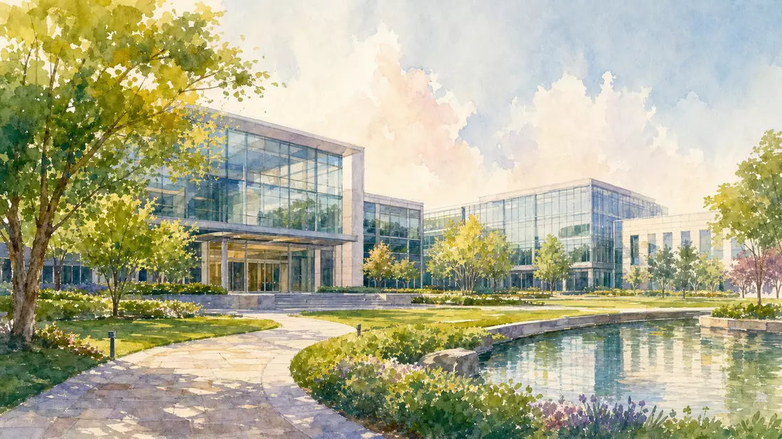 Aquarellbild eines modernen Bürocampus mit Glasfassaden und Grünanlage am Teich