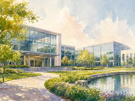 Aquarellmalerei eines modernen Firmencampus symbolisiert den Hauptsitz von Stryker Corp. US8636671013 in ruhiger Parklandschaft - Foto: THN