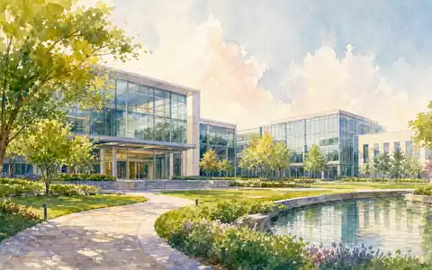 Aquarellmalerei eines modernen Firmencampus symbolisiert den Hauptsitz von Stryker Corp. US8636671013 in ruhiger Parklandschaft - Foto: THN