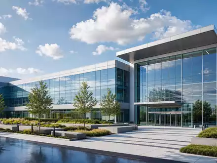 Architektonisches 3D-Render eines modernen Glasgebäudes repräsentiert den Unternehmenssitz von Stryker Corp. US8636671013 im Medizintechnik-Bereich - Foto: THN