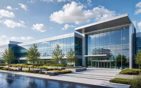 Architektonisches 3D-Render eines modernen Glasgebäudes repräsentiert den Unternehmenssitz von Stryker Corp. US8636671013 im Medizintechnik-Bereich - Foto: THN