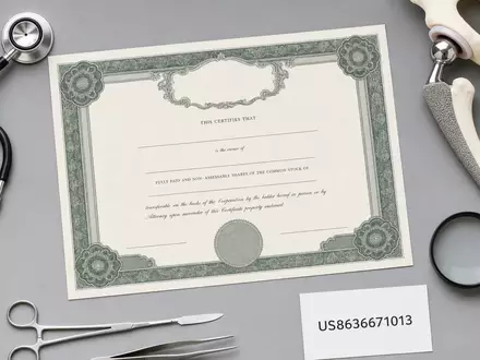 Flatlay-Arrangement mit Aktienzertifikat und ISIN-Karte US8636671013 illustriert eine Investition in Stryker Corp. Medizintechnik-Aktien - Foto: THN