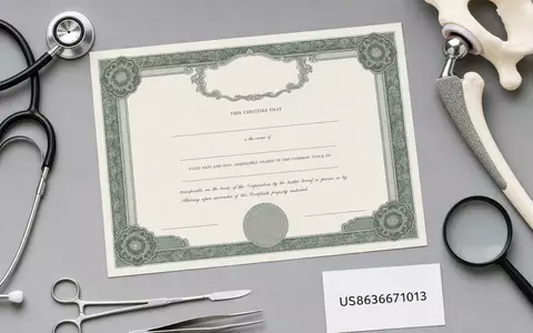 Flatlay-Arrangement mit Aktienzertifikat und ISIN-Karte US8636671013 illustriert eine Investition in Stryker Corp. Medizintechnik-Aktien - Foto: THN