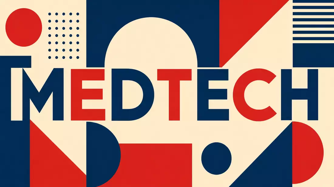 Bauhaus-Poster mit geometrischen Formen und dem Schriftzug MEDTECH in Rot und Blau