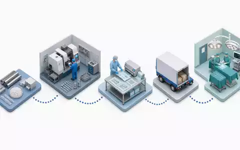 Isometrische 3D-Grafik zeigt die Wertschöpfungskette der Medizintechnik-Branche, in der Stryker Corp. US8636671013 tätig ist - Foto: THN
