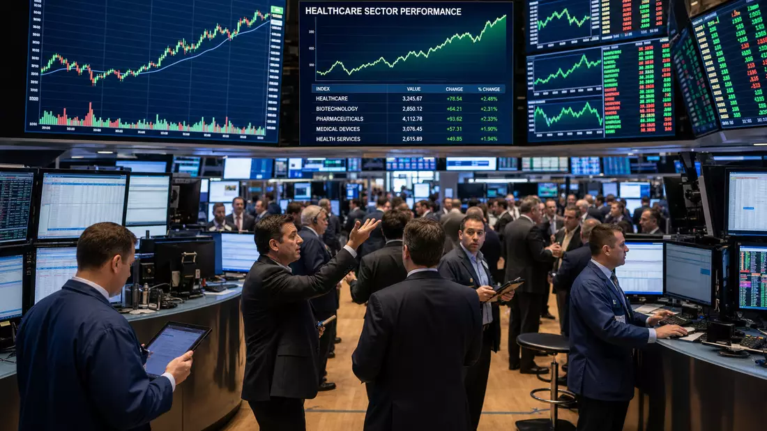 Trading-Floor mit Händlern und Bildschirmen, die steigende Healthcare-Aktienkurse zeigen