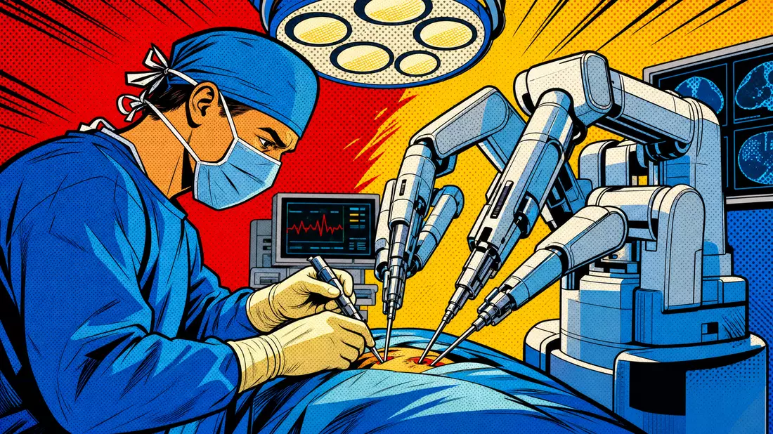 Pop-Art-Comic zeigt Chirurgen mit robotergestütztem OP-System in leuchtenden Farben
