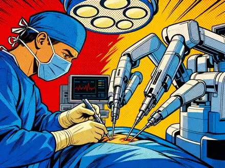 Pop-Art-Comic-Illustration einer farbenfrohen Roboterchirurgie-Szene verbildlicht anschaulich das Geschäftsfeld von Stryker Corp. US8636671013 heute - Foto: THN