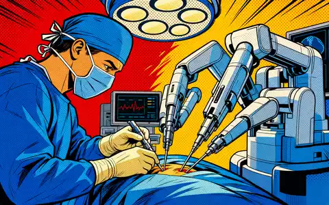 Pop-Art-Comic-Illustration einer farbenfrohen Roboterchirurgie-Szene verbildlicht anschaulich das Geschäftsfeld von Stryker Corp. US8636671013 heute - Foto: THN