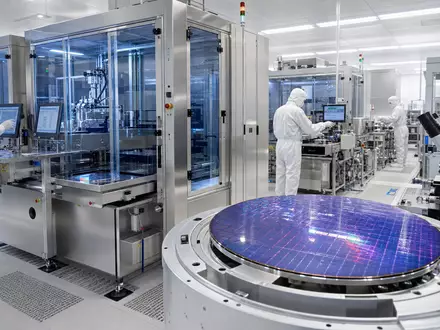 SÜSS MicroTec SE DE000A1K0235 zeigt fotorealistische moderne Reinraum-Fertigung mit mehreren Ingenieuren an präzisen Wafer-Bonding-Anlagen - Foto: THN