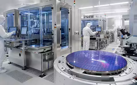 SÜSS MicroTec SE DE000A1K0235 zeigt fotorealistische moderne Reinraum-Fertigung mit mehreren Ingenieuren an präzisen Wafer-Bonding-Anlagen - Foto: THN