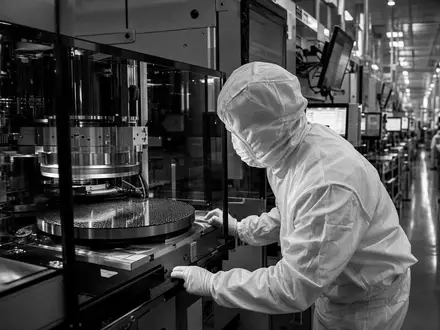 SÜSS MicroTec SE DE000A1K0235 schwarzweiße dokumentarische Reportage zeigt Techniker in Schutzanzug an moderner Halbleiter-Bonding-Maschine - Foto: THN