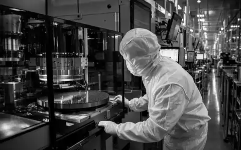 SĂSS MicroTec SE DE000A1K0235 schwarzweiĂe dokumentarische Reportage zeigt Techniker in Schutzanzug an moderner Halbleiter-Bonding-Maschine - Foto: THN