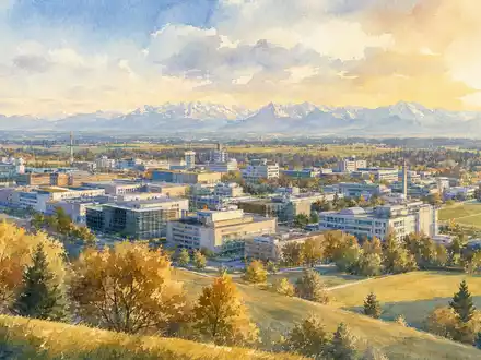 SÜSS MicroTec SE DE000A1K0235 Aquarell-Gemälde zeigt weitläufigen Forschungscampus in Garching bei München mit fernem Alpenpanorama - Foto: THN