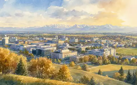 SÜSS MicroTec SE DE000A1K0235 Aquarell-Gemälde zeigt weitläufigen Forschungscampus in Garching bei München mit fernem Alpenpanorama - Foto: THN
