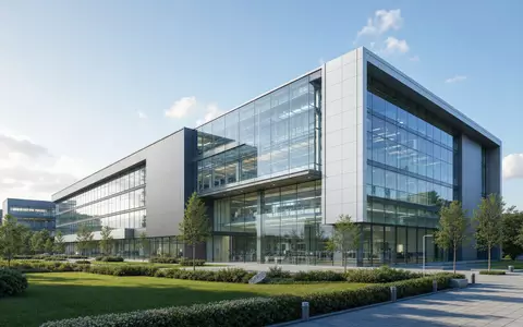 SÜSS MicroTec SE DE000A1K0235 Architektur-Render zeigt modernes Forschungsgebäude mit großer Glasfassade und gepflegter grüner Außenanlage - Foto: THN