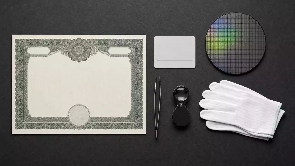 Flatlay Aktienzertifikat und Wafer SÜSS MicroTec SE DE000A1K0235