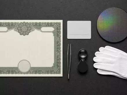 SÜSS MicroTec SE DE000A1K0235 Flatlay zeigt Aktienzertifikat ISIN-Karte Silizium-Wafer Lupe und Reinraum-Handschuhe sorgfältig arrangiert - Foto: THN