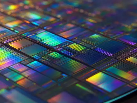 SÜSS MicroTec SE DE000A1K0235 Makroaufnahme zeigt glänzende Silizium-Wafer-Oberfläche mit schillernden Interferenzmustern und feinen Schaltkreisstrukturen - Foto: THN