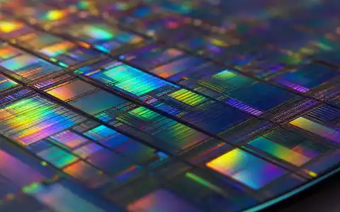 SÜSS MicroTec SE DE000A1K0235 Makroaufnahme zeigt glänzende Silizium-Wafer-Oberfläche mit schillernden Interferenzmustern und feinen Schaltkreisstrukturen - Foto: THN