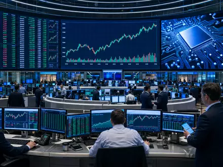 SÜSS MicroTec SE DE000A1K0235 Börsen-Editorial zeigt belebten Frankfurter Handelssaal mit Halbleiter-Branchen-Charts auf großen digitalen Bildschirmen - Foto: THN