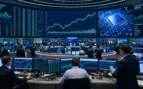 SÜSS MicroTec SE DE000A1K0235 Börsen-Editorial zeigt belebten Frankfurter Handelssaal mit Halbleiter-Branchen-Charts auf großen digitalen Bildschirmen - Foto: THN