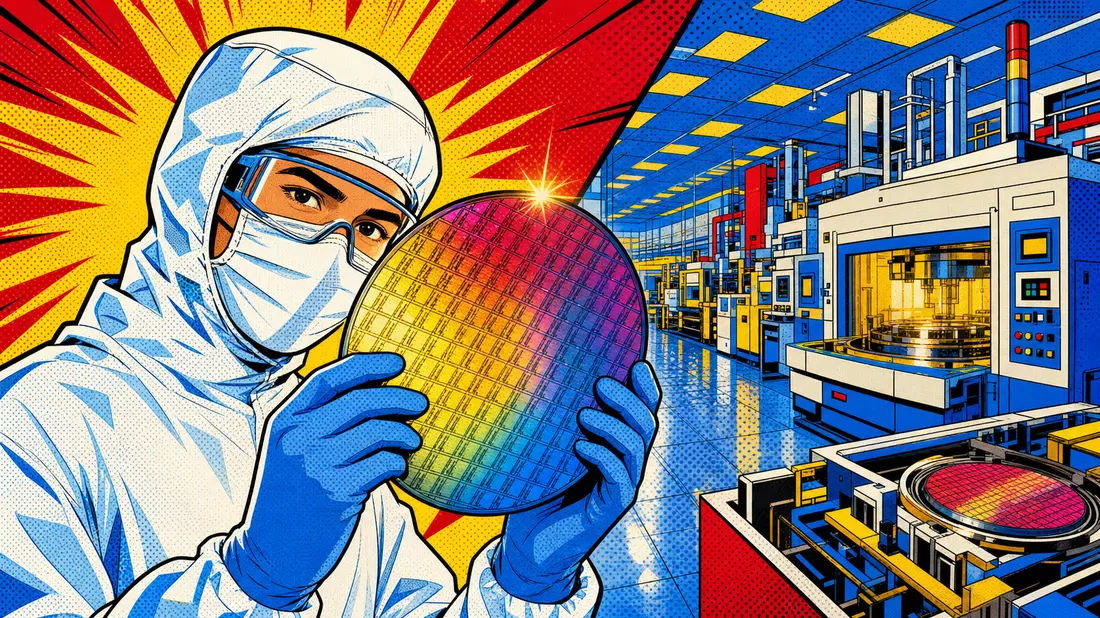 Pop-Art-Comic Ingenieur mit Wafer SÜSS MicroTec SE DE000A1K0235