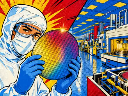 SÜSS MicroTec SE DE000A1K0235 Pop-Art-Comic zeigt stilisierten Reinraum-Ingenieur mit leuchtendem Silizium-Wafer in bunter Fabrikhalle - Foto: THN