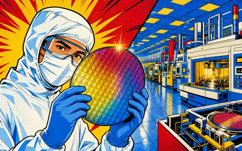 SĂSS MicroTec SE DE000A1K0235 Pop-Art-Comic zeigt stilisierten Reinraum-Ingenieur mit leuchtendem Silizium-Wafer in bunter Fabrikhalle - Foto: THN