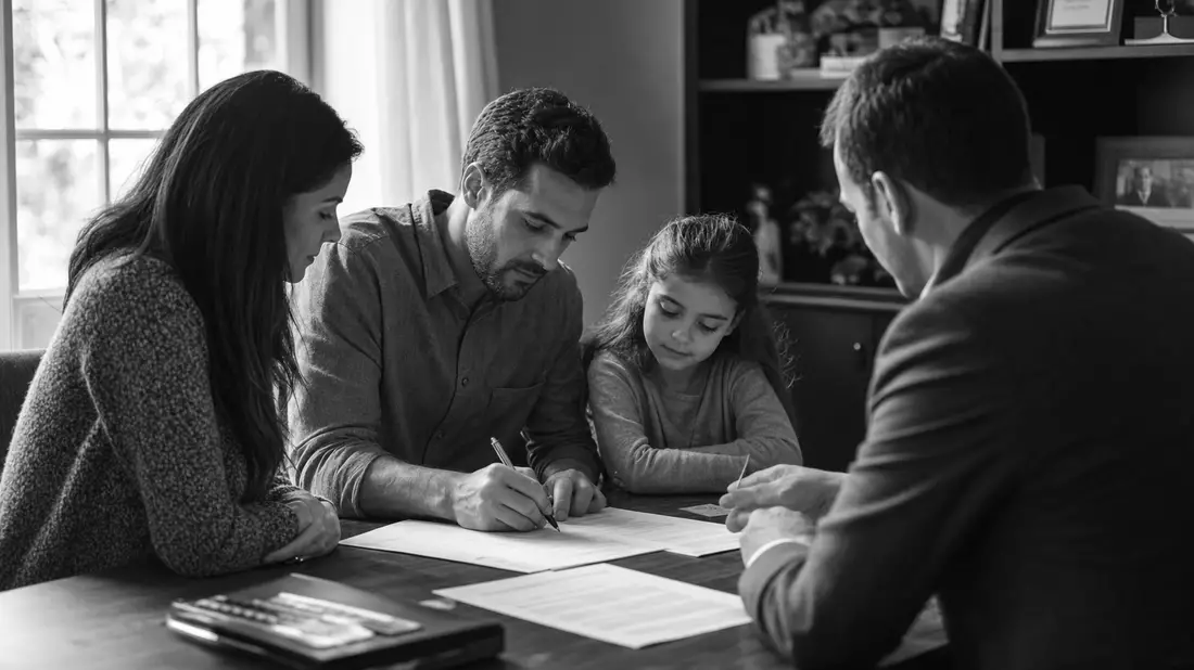 Schwarzweißfoto einer Familie beim Unterschreiben eines Versicherungsvertrags