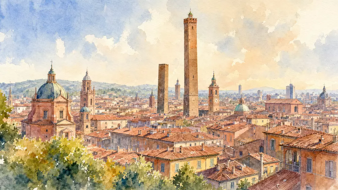 Aquarellmalerei der Skyline von Bologna mit charakteristischen Türmen