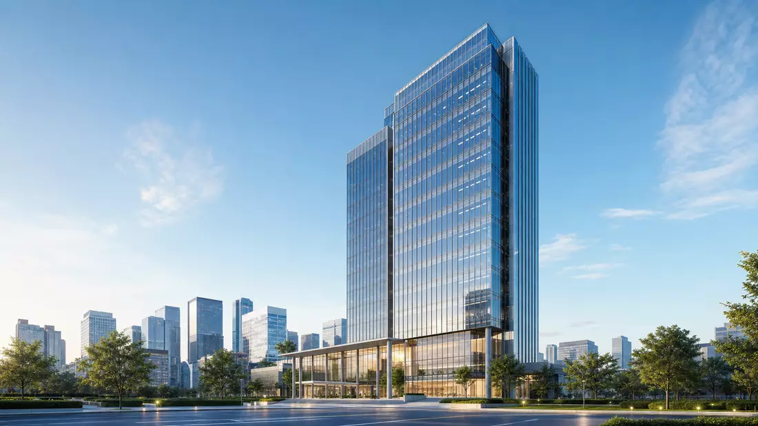 3D-Render eines modernen Glas-Bürohochhauses vor blauem Himmel