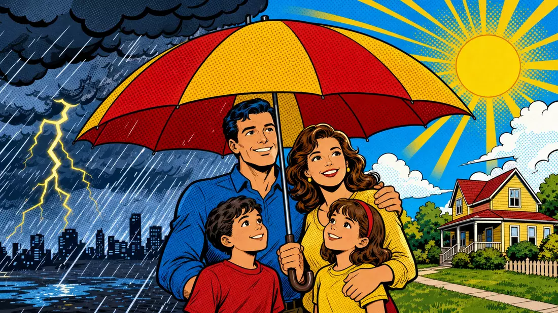 Pop-Art-Comic zeigt Familie geschützt unter großem bunten Regenschirm