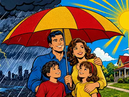 Pop-Art-Comic mit Familie unter Regenschirm symbolisiert den Schutzgedanken von Unipol Gruppo S.p.A. IT0004810054 als Versicherungskonzern - Foto: THN
