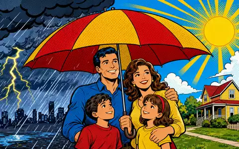 Pop-Art-Comic mit Familie unter Regenschirm symbolisiert den Schutzgedanken von Unipol Gruppo S.p.A. IT0004810054 als Versicherungskonzern - Foto: THN