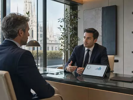 Fotorealistische Bankberatung zeigt Banca Mediolanum S.p.A. (ISIN IT0001137345) mit Mailand-Skyline im Hintergrund am Fenster - Foto: THN