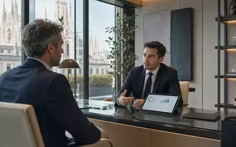Fotorealistische Bankberatung zeigt Banca Mediolanum S.p.A. (ISIN IT0001137345) mit Mailand-Skyline im Hintergrund am Fenster - Foto: THN