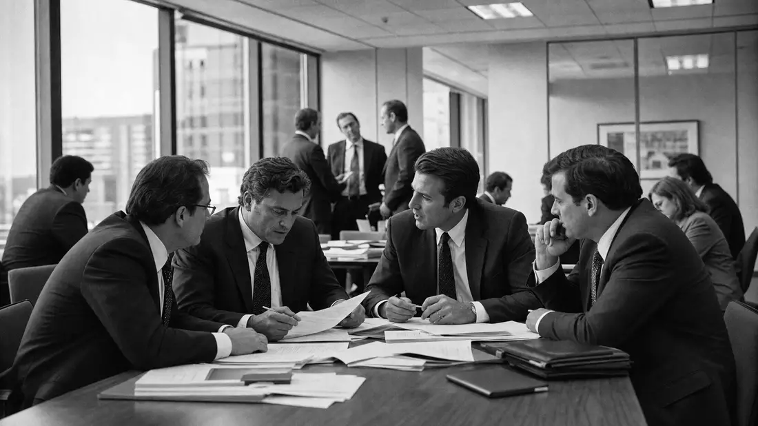 Dokumentarische Schwarzweißaufnahme einer Finanzberater-Besprechung im Büro