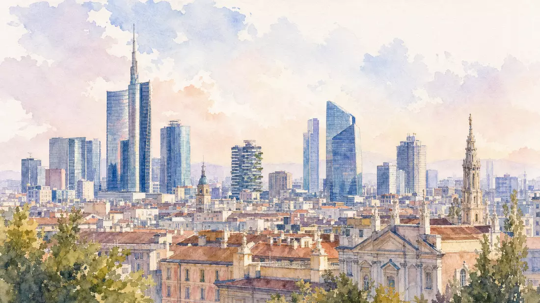 Aquarellmalerei der Mailänder Skyline mit modernen Bürotürmen im Finanzviertel