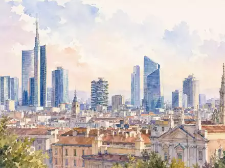 Aquarellbild der Mailänder Skyline symbolisiert den Sitz von Banca Mediolanum S.p.A., ISIN IT0001137345, im Finanzviertel - Foto: THN