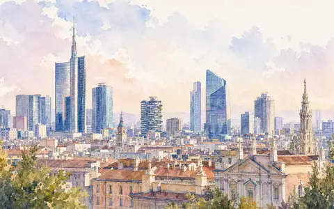 Aquarellbild der Mailänder Skyline symbolisiert den Sitz von Banca Mediolanum S.p.A., ISIN IT0001137345, im Finanzviertel - Foto: THN