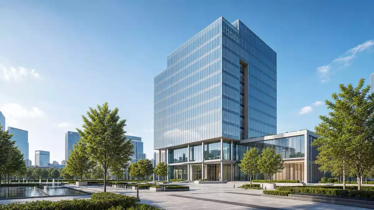 3D-Architekturvisualisierung eines modernen gläsernen Bürohochhauses mit Grünanlage