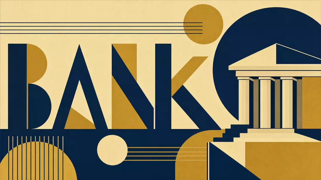 Geometrisches Bauhaus-Poster mit dem Wort BANK und stilisiertem Säulengebäude