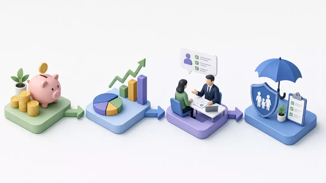 Isometrische 3D-Grafik zur Wertschöpfungskette von Sparen, Investieren und Beratung