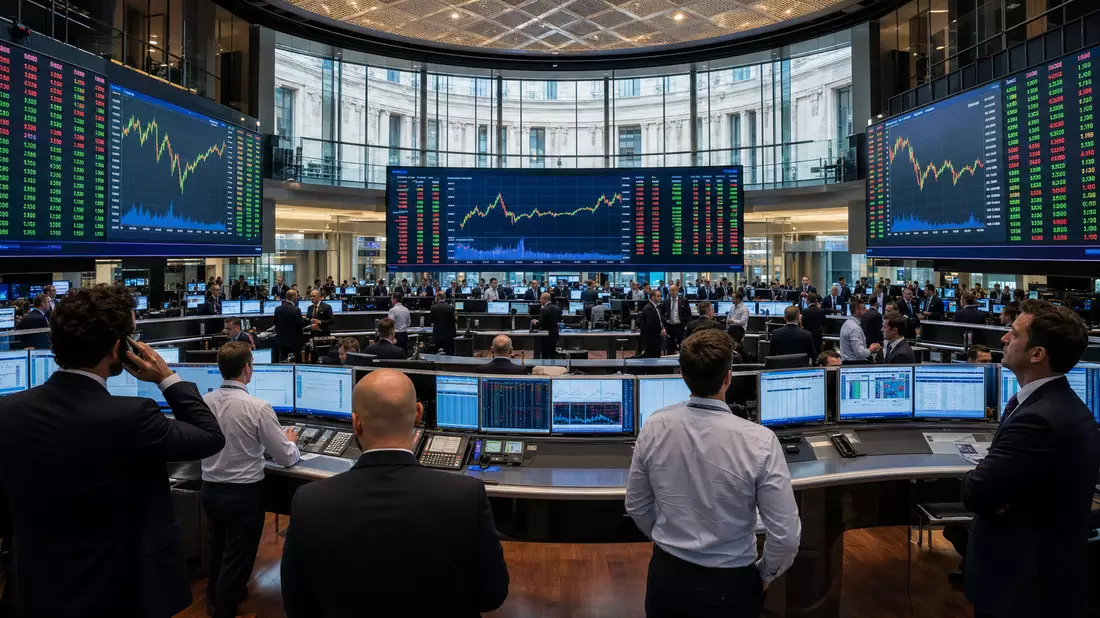 Editorialfoto vom Handelssaal der Mailänder Börse mit großen Kursdisplays