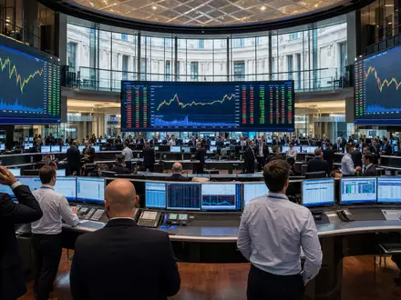 Börsen-Editorial vom Handelssaal der Borsa Italiana symbolisiert Banca Mediolanum S.p.A., ISIN IT0001137345, mit FTSE-MIB-Charts - Foto: THN
