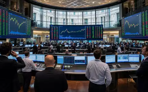 Börsen-Editorial vom Handelssaal der Borsa Italiana symbolisiert Banca Mediolanum S.p.A., ISIN IT0001137345, mit FTSE-MIB-Charts - Foto: THN