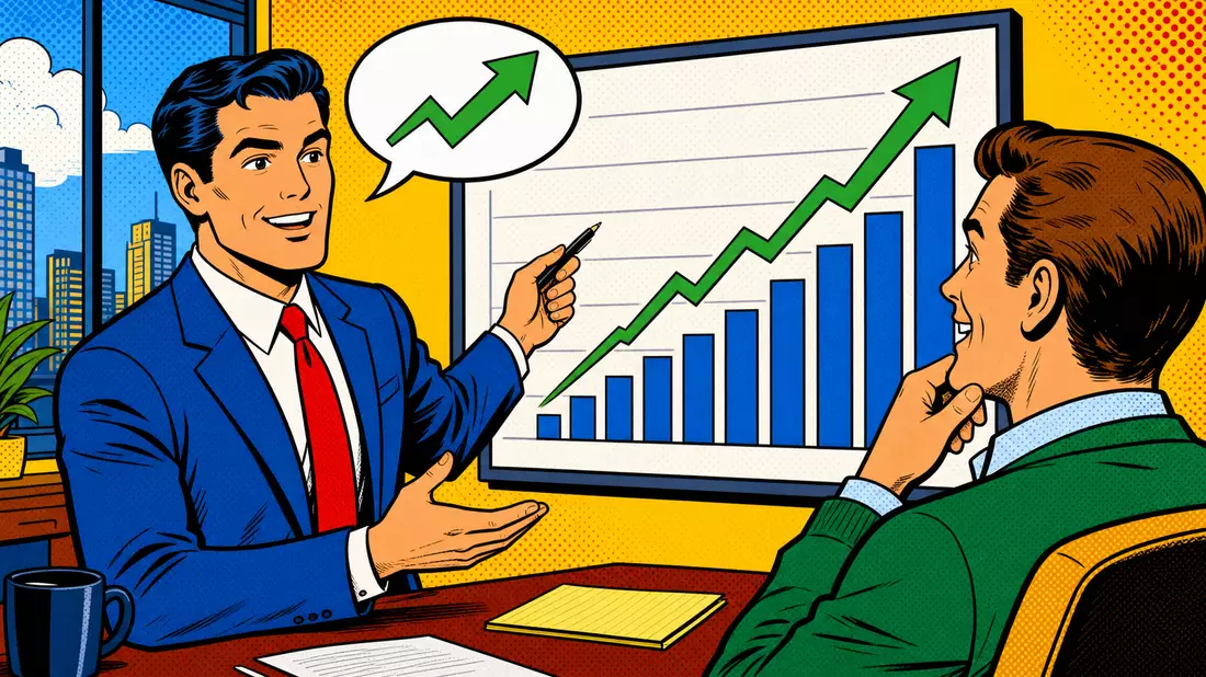 Bunte Pop-Art-Comicszene eines Finanzberaters, der einem Kunden ein Wachstumsdiagramm zeigt
