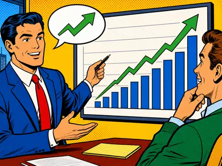 Pop-Art-Comic zeigt Finanzberater und Kunde mit Wachstumschart, farbenfroh passend zu Banca Mediolanum S.p.A., ISIN IT0001137345 - Foto: THN